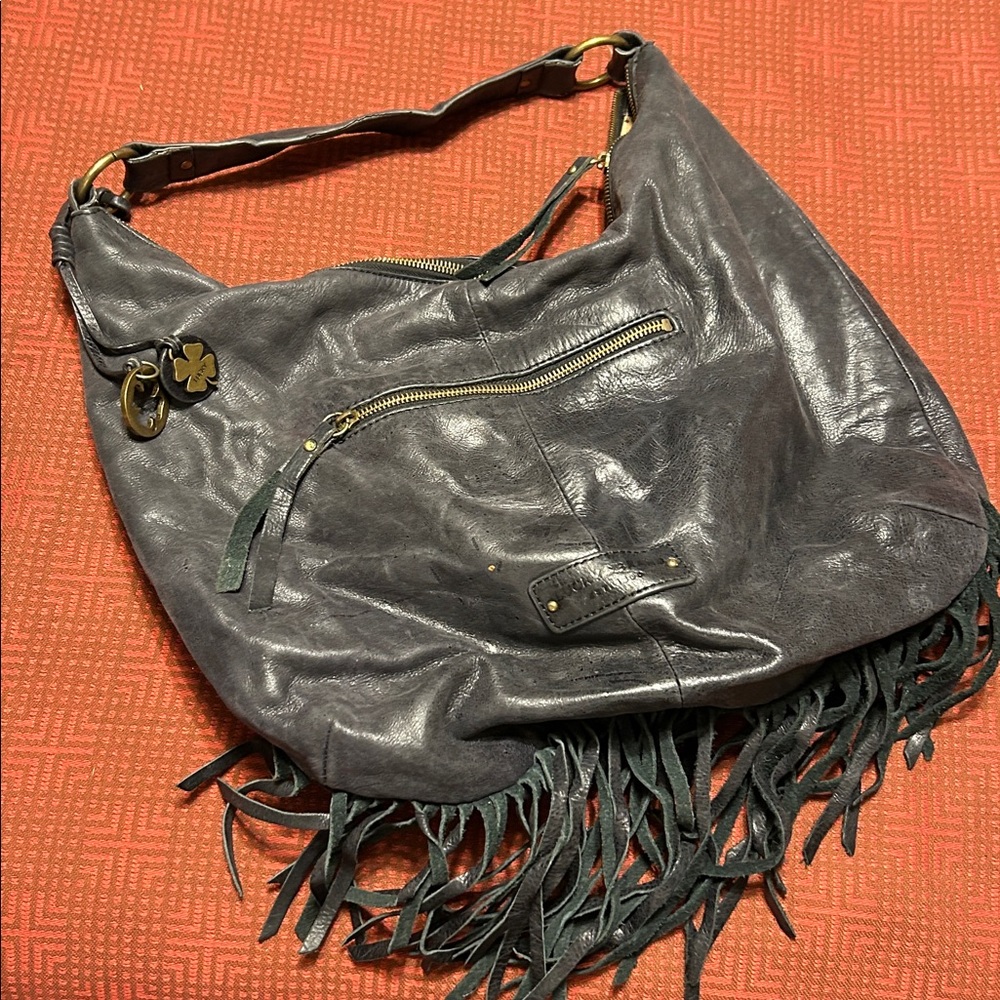 Fringed Leather Hobo Bag in Dark Black- Unbranded